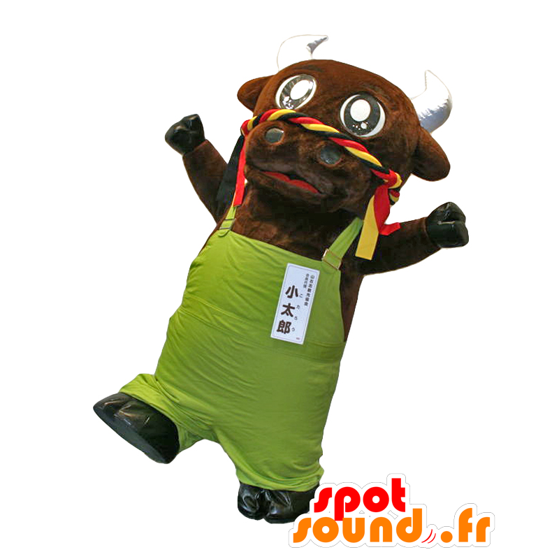 Mascot Kotaro, mukava ruskea lehmä vihreällä haalarit - MASFR26861 - Mascottes Yuru-Chara Japonaises