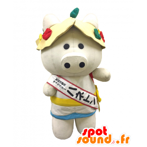 Mascotte Haneton maiale bianco con pantaloncini da bagno e bob - MASFR26865 - Yuru-Chara mascotte giapponese