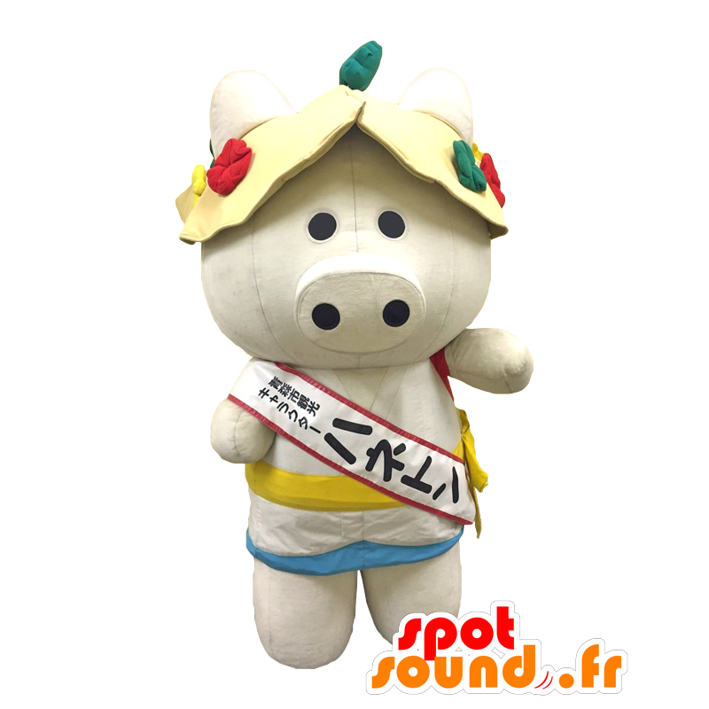 Mascotte d'Haneton, cochon blanc avec un short de bain et un bob - MASFR26865 - Mascottes Yuru-Chara Japonaises