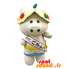 Mascotte Haneton maiale bianco con pantaloncini da bagno e bob - MASFR26865 - Yuru-Chara mascotte giapponese