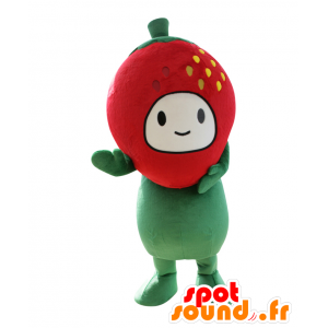 Kliande maskot, jätte röd och grön jordgubbe, mycket realistisk