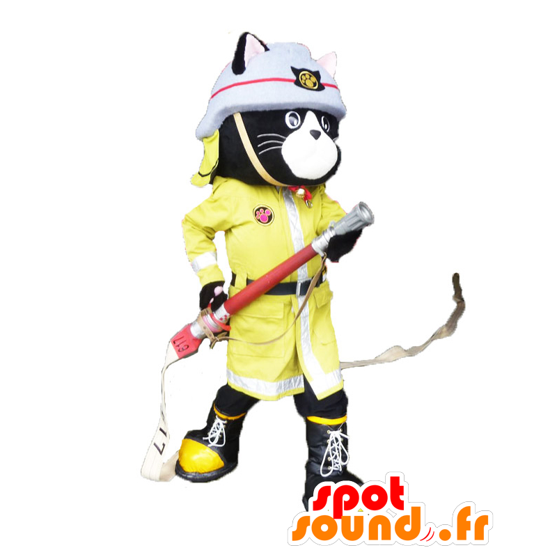 Lees Nyan Maskottchen, schwarze Katze in Uniform Feuerwehrmann - MASFR26895 - Yuru-Chara japanischen Maskottchen