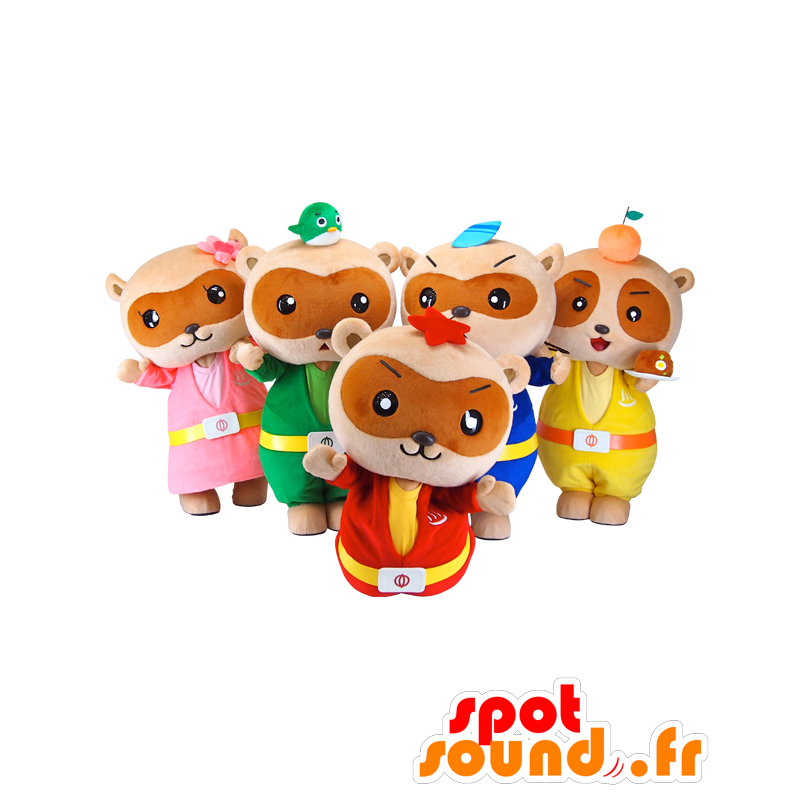 5 mascottes des Yutapon, 5 ours marron en tenues colorées - MASFR26902 - Mascottes Yuru-Chara Japonaises