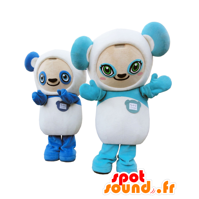 Mascotte Chari e Chara, 2 panda blu e bianco - MASFR26904 - Yuru-Chara mascotte giapponese