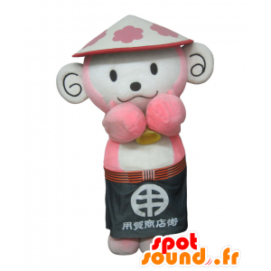 Mascotte de Yokki, singe blanc et rose avec un chapeau - MASFR26905 - Mascottes Yuru-Chara Japonaises