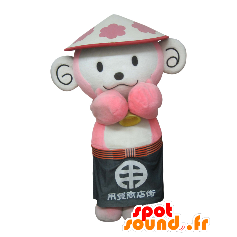 Mascotte de Yokki, singe blanc et rose avec un chapeau - MASFR26905 - Mascottes Yuru-Chara Japonaises