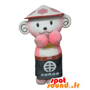 Mascotte de Yokki, singe blanc et rose avec un chapeau - MASFR26905 - Mascottes Yuru-Chara Japonaises