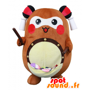 Mascotte de Machuri, nounours marron et blanc, avec un tambour - MASFR26909 - Mascottes Yuru-Chara Japonaises