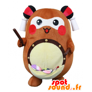 Machuri mascotte, orsacchiotto marrone e bianco con un tamburo - MASFR26909 - Yuru-Chara mascotte giapponese