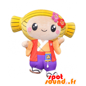 Mito chan maskot, blond pige, meget smuk og farverig -