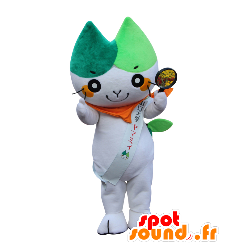 Mascot Yamamyi, valkoinen kissa ja vihreät - MASFR26919 - Mascottes Yuru-Chara Japonaises
