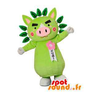 Mascotte de Guribu, cochon vert et rose avec des feuilles vertes - MASFR26920 - Mascottes Yuru-Chara Japonaises