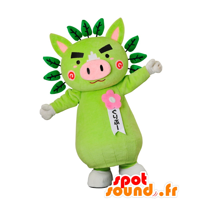 Mascota Guribu, cerdo verde y rosa con hojas verdes - MASFR26920 - Yuru-Chara mascotas japonesas