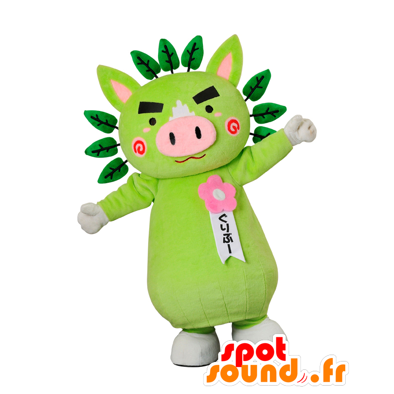 Mascot Guribu, porco verde e rosa com folhas verdes - MASFR26920 - Yuru-Chara Mascotes japoneses