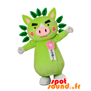 Mascot Guribu, porco verde e rosa com folhas verdes - MASFR26920 - Yuru-Chara Mascotes japoneses