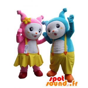 Mascots Yoppi and Pip, 2 pink and blue rabbits - MASFR26932 - Yuru-Chara Japanese mascots