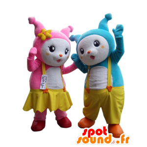 Maskoter Yoppi og Pip, to rosa og blå kaniner - MASFR26932 - Yuru-Chara japanske Mascots