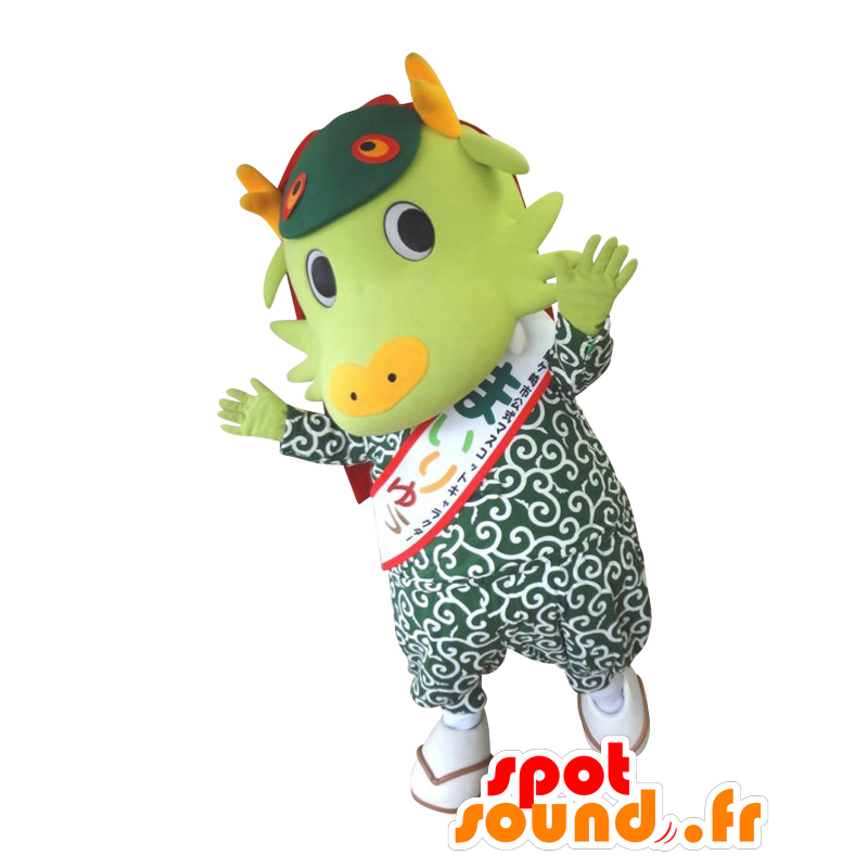 Mascotte de My Flow, dragon vert avec une tenue à motifs - MASFR26934 - Mascottes Yuru-Chara Japonaises