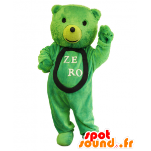 Zeronomikuma maskot, grön nallebjörn, mjuk och hårig -