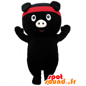 Mascotte de Tokoton, cochon noir avec un bandeau rouge - MASFR26951 - Mascottes Yuru-Chara Japonaises
