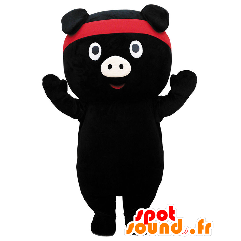 Mascotte de Tokoton, cochon noir avec un bandeau rouge - MASFR26951 - Mascottes Yuru-Chara Japonaises