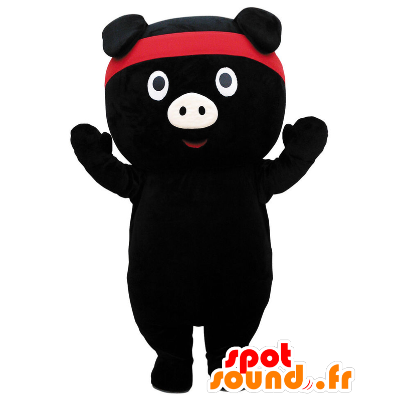 Tokoton maskot, sort gris med rødt pandebånd - Spotsound maskot