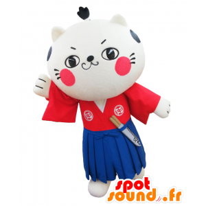 Mascotte de Nya, de chat samouraï habillé en bleu et rouge - MASFR26960 - Mascottes Yuru-Chara Japonaises