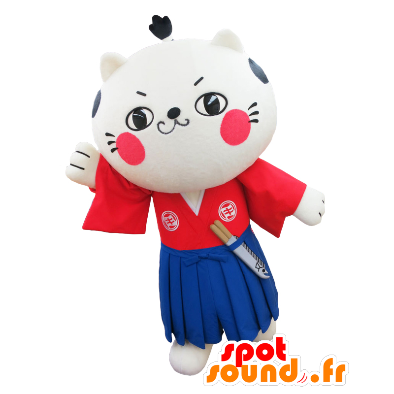 Mascot Nya, gato samurai vestida de azul e vermelho - MASFR26960 - Yuru-Chara Mascotes japoneses