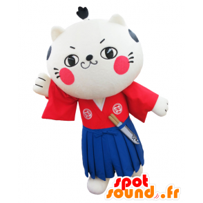 Mascotte de Nya, de chat samouraï habillé en bleu et rouge - MASFR26960 - Mascottes Yuru-Chara Japonaises