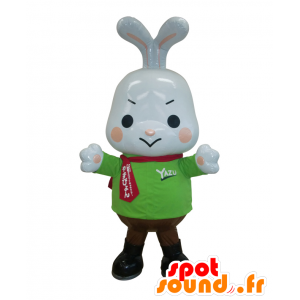Mascot Yazupyo weißes Kaninchen mit nervös mit einem grünen Pullover - MASFR26966 - Yuru-Chara japanischen Maskottchen