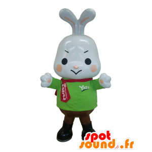 Mascot Yazupyo white rabbit with flustered with a green sweater - MASFR26966 - Yuru-Chara Japanese mascots