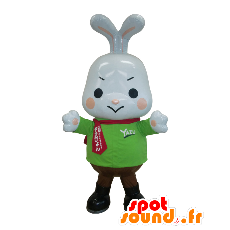 Mascotte de Yazupyo, lapin blanc à l'air énervé avec un pull vert - MASFR26966 - Mascottes Yuru-Chara Japonaises