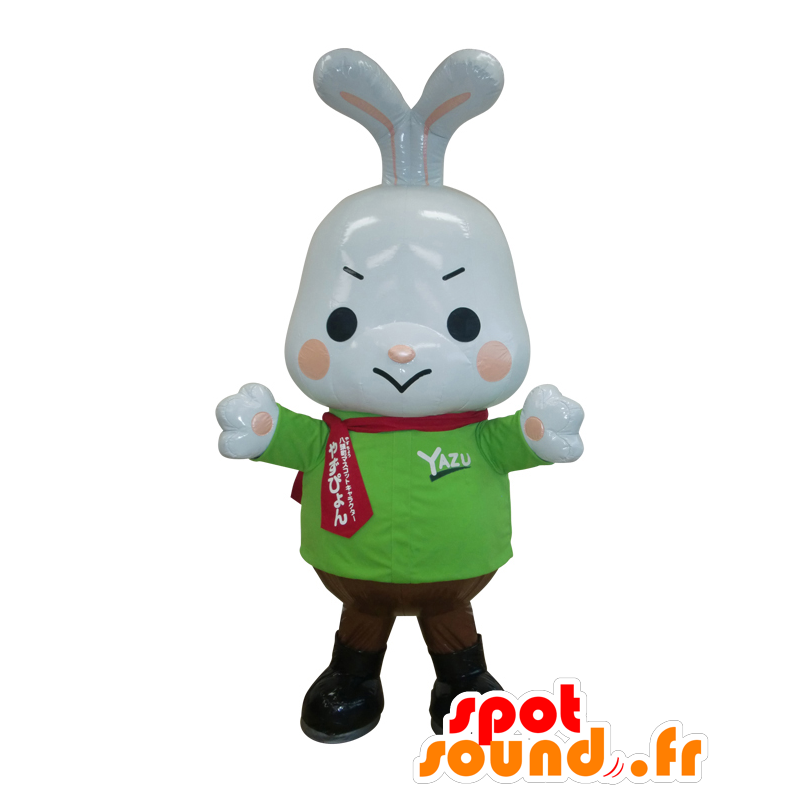 ヤズピョのマスコット、緑のセーターに腹を立てている白いウサギ-MASFR26966-日本のゆるキャラのマスコット