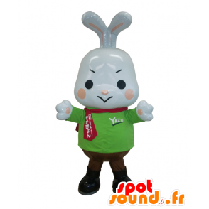 Mascot Yazupyo conejo blanco con nerviosa con un suéter verde - MASFR26966 - Yuru-Chara mascotas japonesas