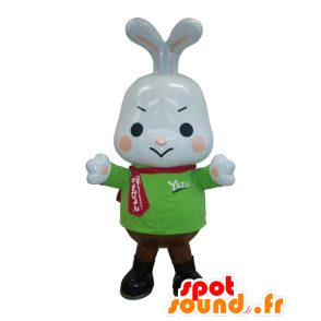 Mascotte Yazupyo coniglio bianco con agitata con un maglione verde - MASFR26966 - Yuru-Chara mascotte giapponese