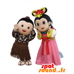 Mascottes Taro-kun en Hime-chan, 2 mooie Aziatische meisjes - MASFR26994 - Yuru-Chara Japanse Mascottes