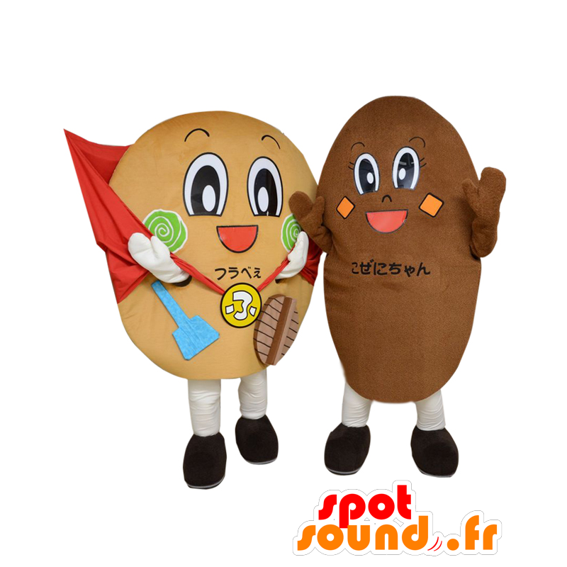 Coin-chan og Hula Be maskotter, 2 runde maskotter, brune -