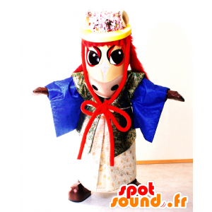 バくんのマスコット、衣装を着た白と赤の馬-MASFR27020-日本のゆるキャラのマスコット