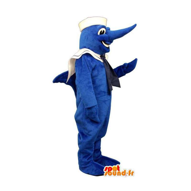 Blå maskot för svärdfisk klädd som en sjöman. Svärdfiskdräkt -
