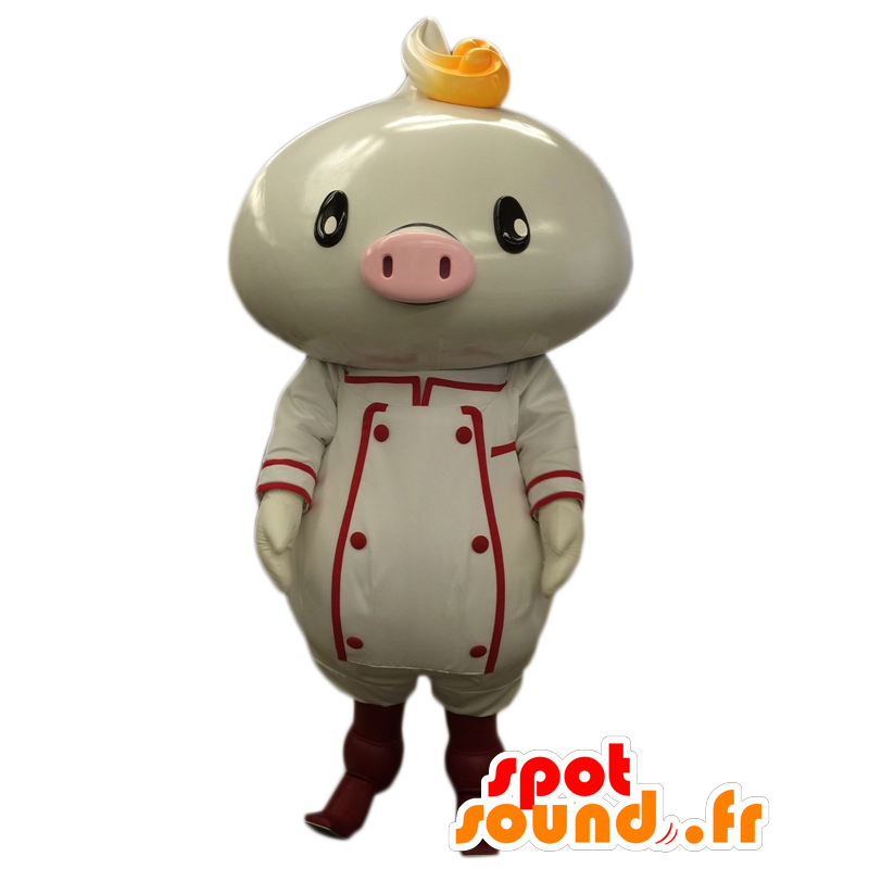 Mascotte Nick Mann, maiale bianco e rosa con grembiule - MASFR27041 - Yuru-Chara mascotte giapponese