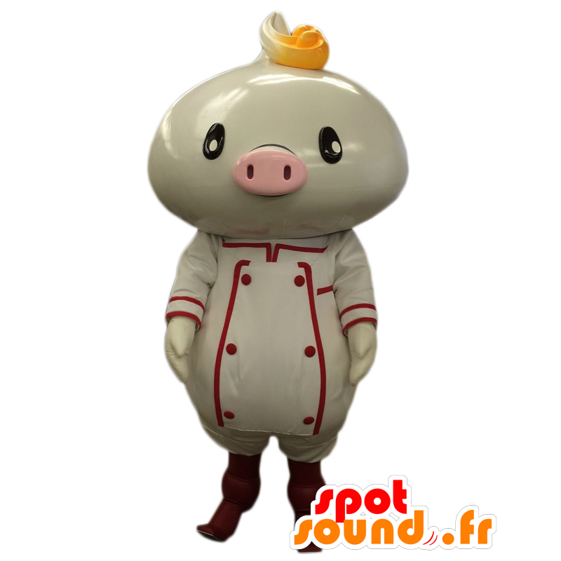 Mascotte de Nick Mann, cochon blanc et rose avec un tablier - MASFR27041 - Mascottes Yuru-Chara Japonaises