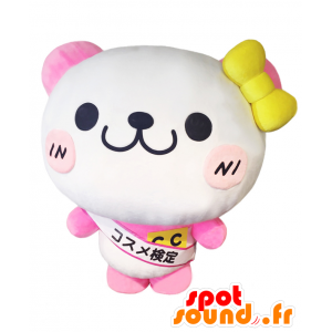 Coco chan maskot, lyserød og hvid bamse med stort hoved -