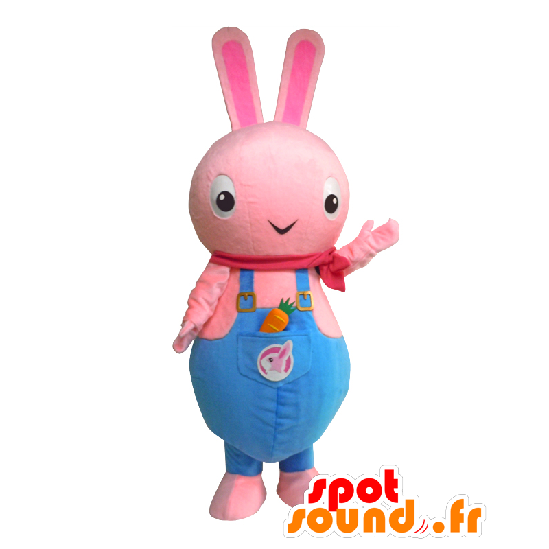 Mascotte de Rabi-kko, lapin rose avec une salopette bleue - MASFR27125 - Mascottes Yuru-Chara Japonaises