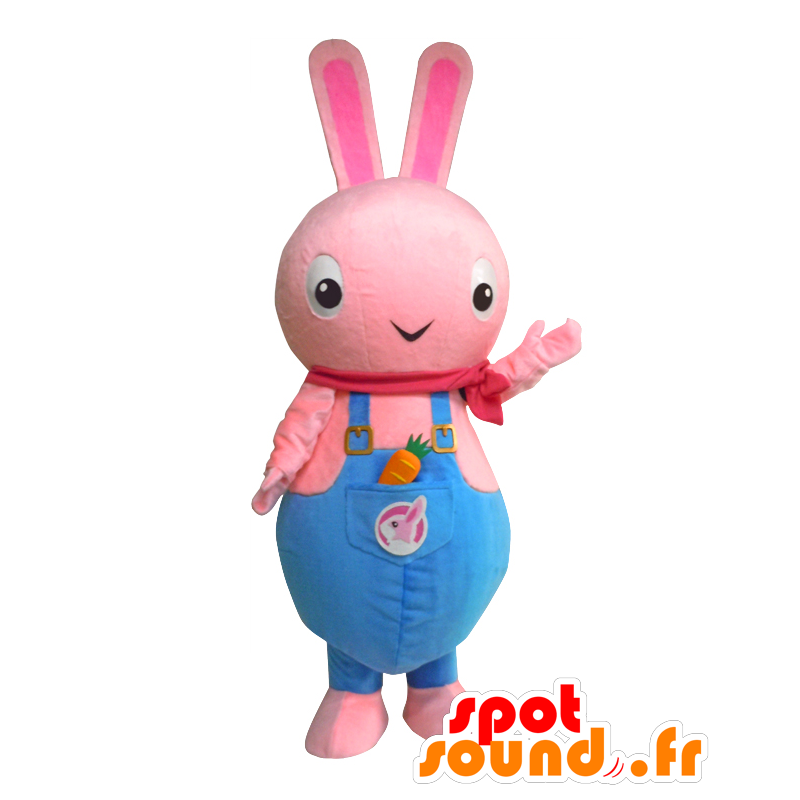 Rabi-kko maskot, lyserød kanin med blå overall - Spotsound