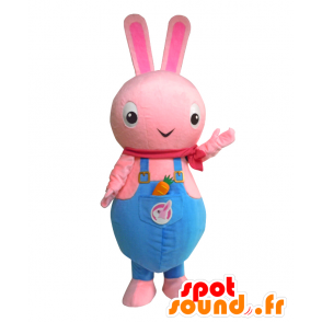 Mascotte de Rabi-kko, lapin rose avec une salopette bleue - MASFR27125 - Mascottes Yuru-Chara Japonaises