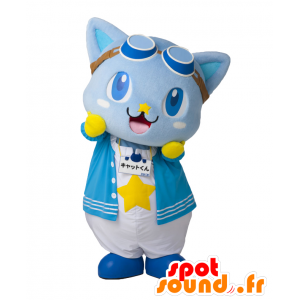 Cat-kun maskot, ganske blå og gul katt med briller - MASFR27136 - Yuru-Chara japanske Mascots