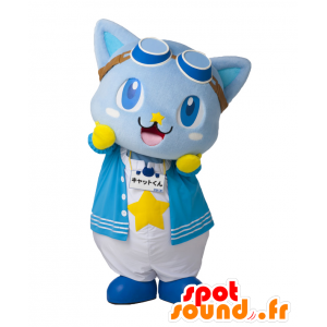 Cat-kun μασκότ, όμορφο μπλε και κίτρινο γάτα με τα γυαλιά - Ιαπωνικές μασκότ Yuru-Chara - MASFR27136 - SpotSound.fr