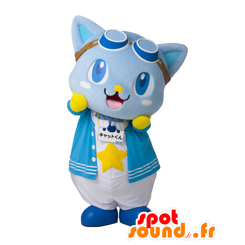 Cat-kun μασκότ, όμορφο μπλε και κίτρινο γάτα με τα γυαλιά - Ιαπωνικές μασκότ Yuru-Chara - MASFR27136 - SpotSound.fr