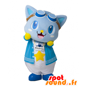 Cat-kun μασκότ, όμορφο μπλε και κίτρινο γάτα με τα γυαλιά - Ιαπωνικές μασκότ Yuru-Chara - MASFR27136 - SpotSound.fr