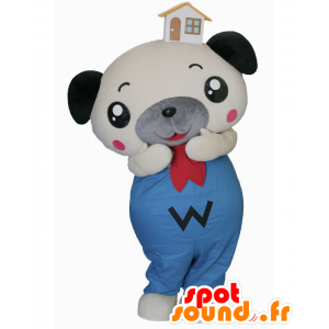 Bílý pes maskot, šedé a modré s domem na hlavě - MASFR27151 - Yuru-Chara japonské Maskoti
